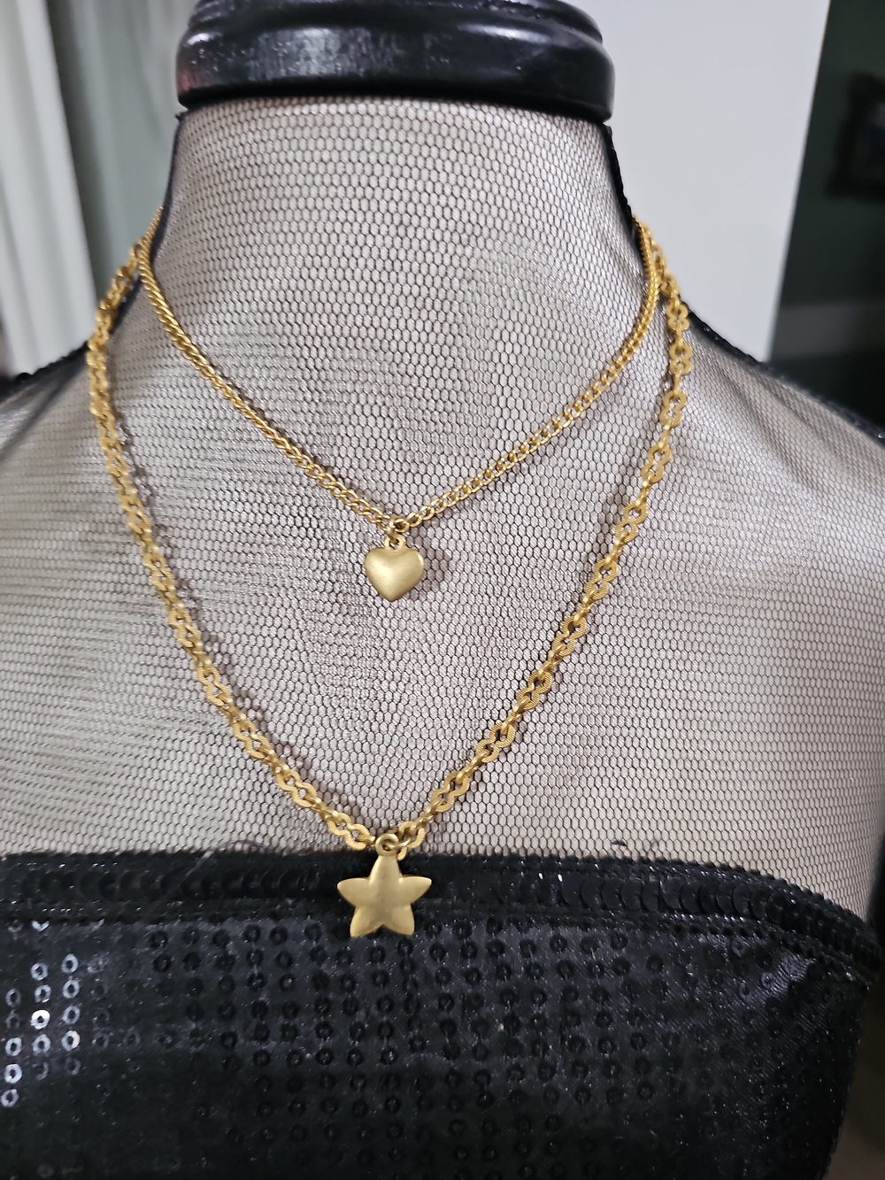 Gold Tone Layered Heart and Star Pendant Necklace - Women Jewelry